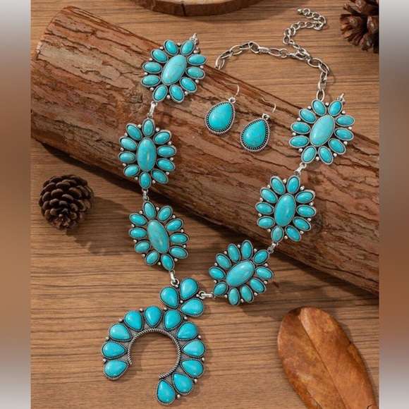 New Faux Turquoise Floral Squash Blossom Western Boho Necklace and Earring Set - Picture 2 of 10